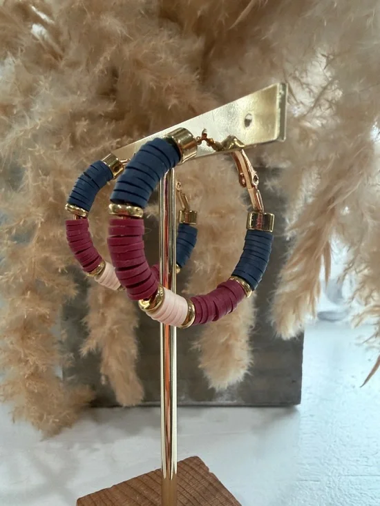 Handmade heishi-style beads Hoop Earrings Navy Burgundy Gold Boho Coastal Chic - Picture 3 of 6